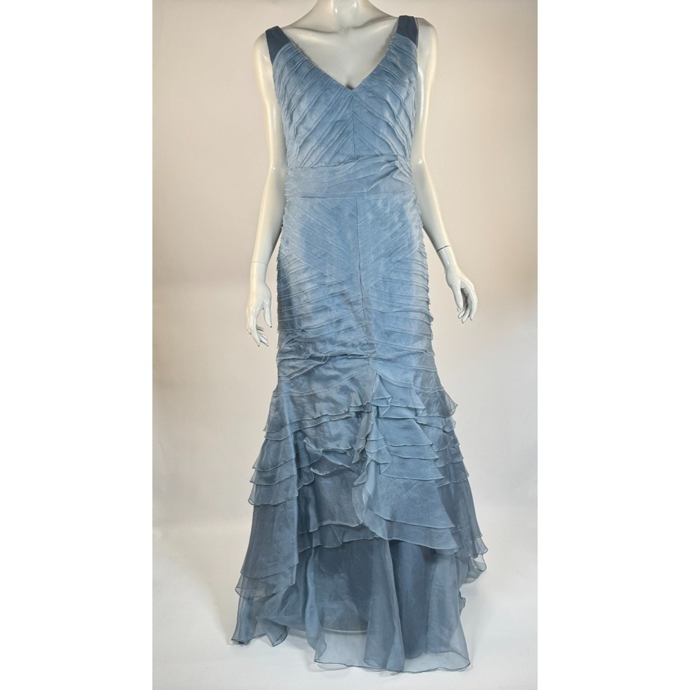 THEIA Gown Silk Dress Women 10? $595 Ruffled Mermaid Skirt V-neck Rare! Blue